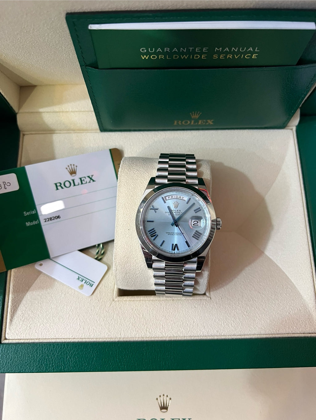 Rolex Day-Date 40 Platinum (Ref. 228206) – Ice Blue Dial (Pre-Owned)