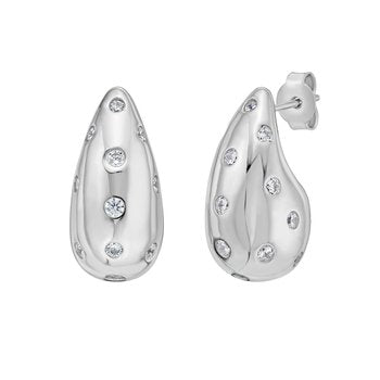 Silver Puffed Raindrop Earring with CZ